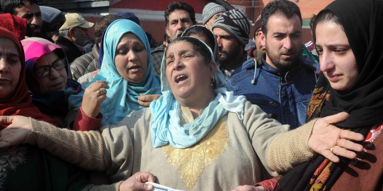Family of Bilal Ahmad Kawa on Monday staged a protest in Srinagar to seek intervention of J and K CM Mehbooba Mufti