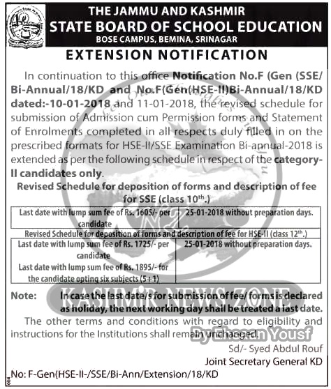 J&K BOSE: 10th Class & 12th Class BI-ANNUAL EXAM FORMS DATE EXTENDED 