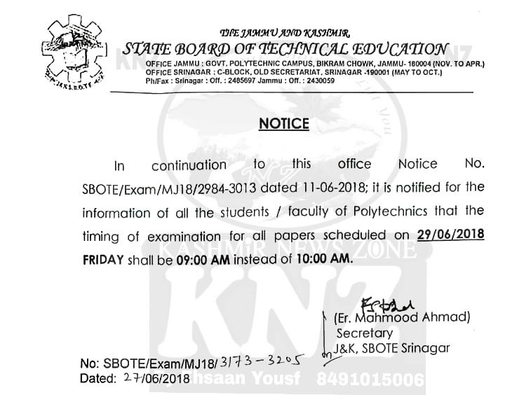 J&K State Board of Technical Education Notice.