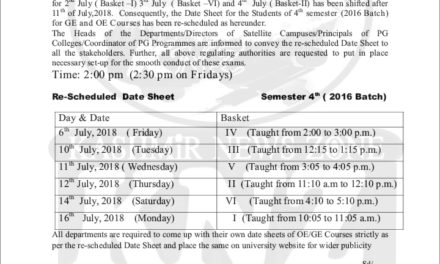 Kahmir University has Modifiy date sheet for elective courses for 4th semester batch 2016