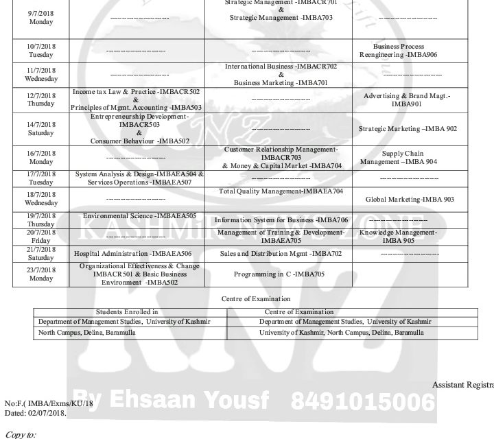 KU: Date Sheet For IMBA 5th, 7th & 9th Semesters Examination for Regular & Backlog Candidate’s July 2018