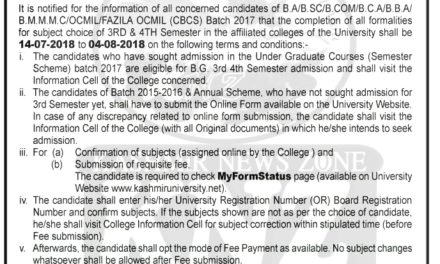 KU: Admission Notification For UG 3rd & 4th Semester (Under Choice Based Credit System Semester Scheme) REGULAR-2018. 