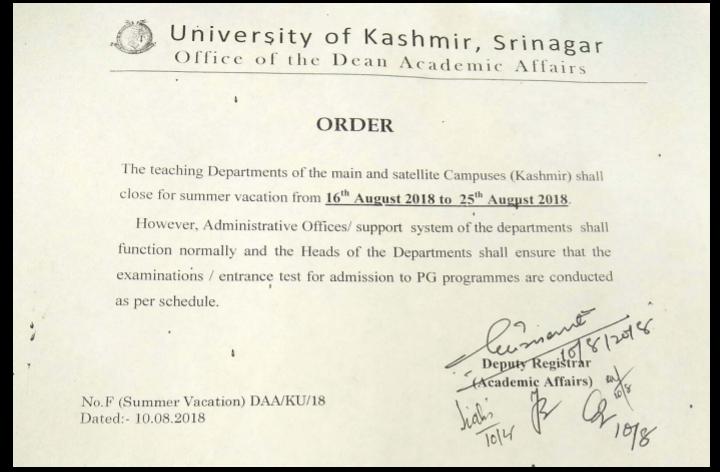 KU announces summer vacation from August 16-25, exams as per schedule