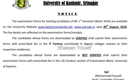 Kashmir University  Student Special By Ehsaan Yousf  Examination forms for BACKLOG candidates of BG 1st Semester (Batch 2016).