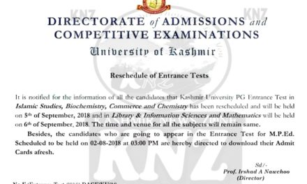 KU: Notice regarding postponement & rescheduling of Entrance Tests scheduled on Aug 30 & 31, 2018 Ehsaan Yousf