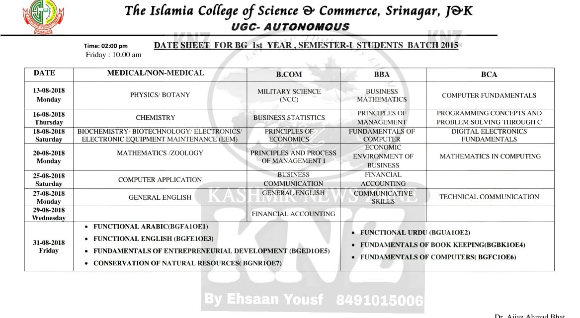 Islamia College Of Science and Commerce Date Sheet for UG 1st Semester 2015 Batch Backlog