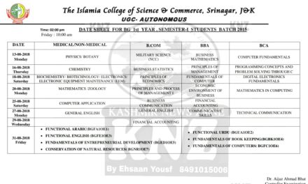 Islamia College Of Science and Commerce Date Sheet for UG 1st Semester 2015 Batch Backlog