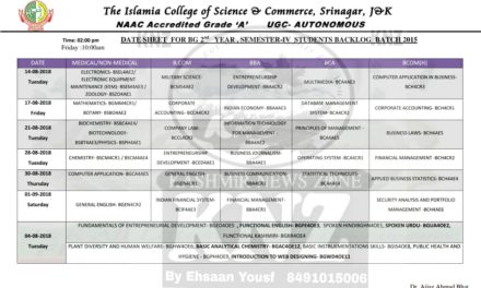 Islamic College of Science and Commerce Date Sheet for UG 4th Semester 2015 Batch Backlog.