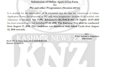KU: Date Extending Notice For  Submission of Online Application Form To  PG and other Programmes (Session-2018)