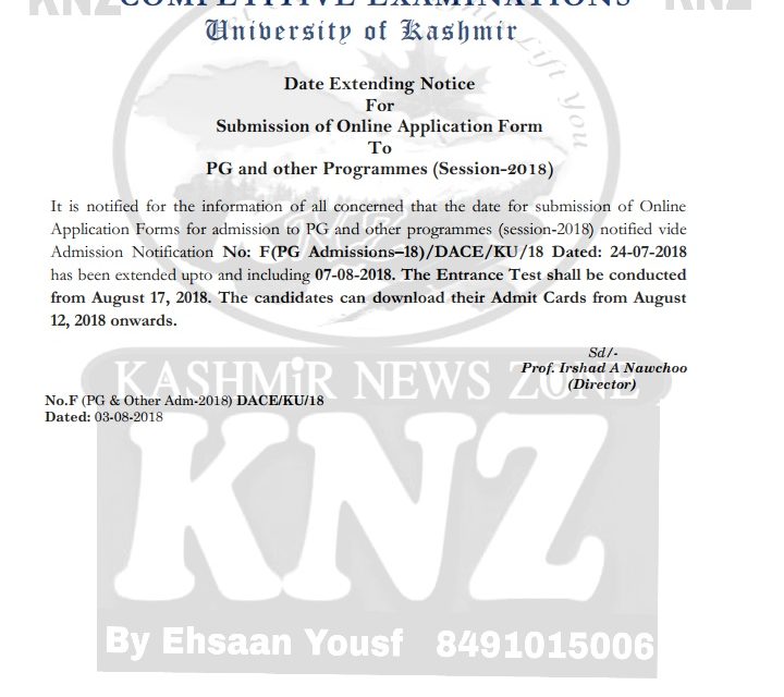 KU: Date Extending Notice For  Submission of Online Application Form To  PG and other Programmes (Session-2018)