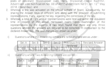 J&K SSB: Revised/Final Answer Key of the OMR Based Objective Type Written Examination for the posts of ASSISTANT STOREKEEPER CUM CLERK , Divisional Cadre Kashmir