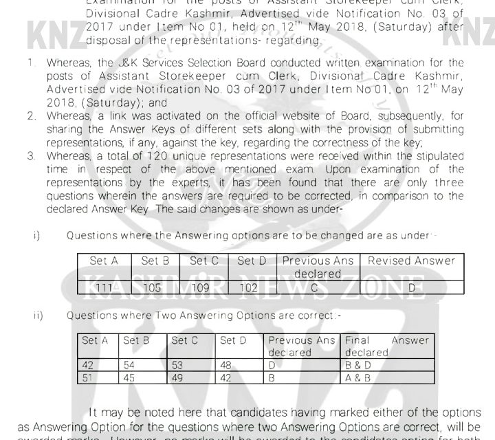J&K SSB: Revised/Final Answer Key of the OMR Based Objective Type Written Examination for the posts of ASSISTANT STOREKEEPER CUM CLERK , Divisional Cadre Kashmir