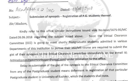 GMC, Srinagar: Submission of synopsis-Registration of PG Students thereof. 