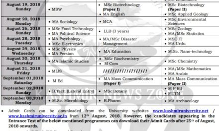 Kashmir University Date sheet for PG Entrance Examinations –2018. 