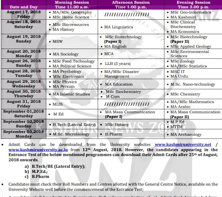Kashmir University Date sheet for PG Entrance Examinations –2018. 
