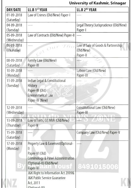 KU: Date Sheet for LLB (Academicľ 1st year Backlog & 2nd year REGULAR /BACKLOG Candidates (Distance Mode)