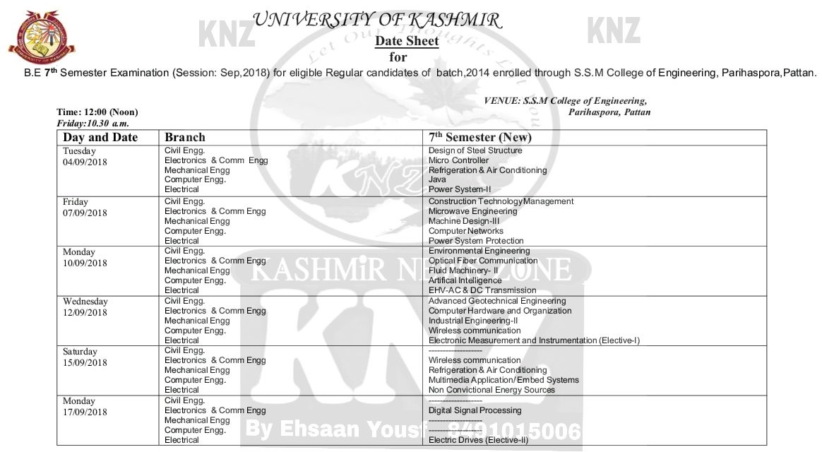 KU: Date Sheet for B.E 7th Semester Examination (Session: Sep,2018) for eligible Regular candidates of batch,2014 enrolled through S.S.M College of Engineering, Parihaspora,Pattan.