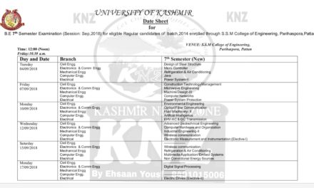 KU: Date Sheet for B.E 7th Semester Examination (Session: Sep,2018) for eligible Regular candidates of batch,2014 enrolled through S.S.M College of Engineering, Parihaspora,Pattan.