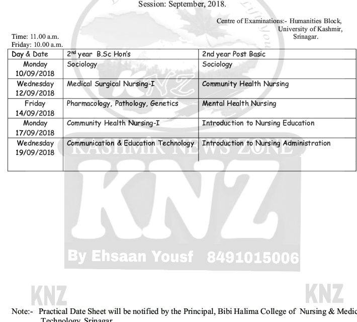 KU: Date Sheet for B.Sc. Nursing (Hon’s) 2nd Year and Post Basic Nursing 2nd Year Annual Examination Session: September, 2018.