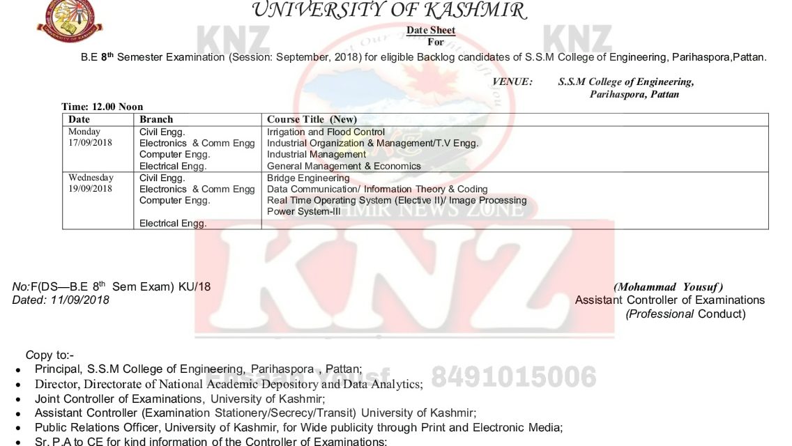 KU: Date Sheet for B.E 8th Semester Examination (Session: September, 2018) for eligible Backlog candidates of S.S.M College of Engineering,