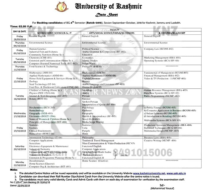 KU: Date-Sheet for B.G 4th Semester (BACKLOG) Examination – Batch: 2015 of Kashmir, Jammu & Ladakh
