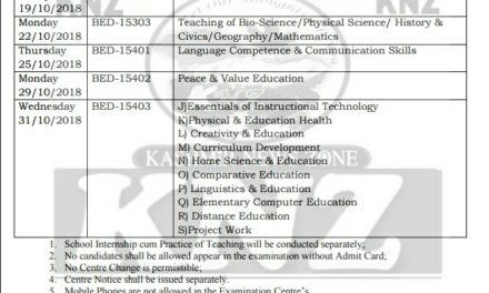 Date Sheet For Two Year B.Ed 3rd & 4th Semester Examination, enrolled through College of Education batch: (2016-2018)