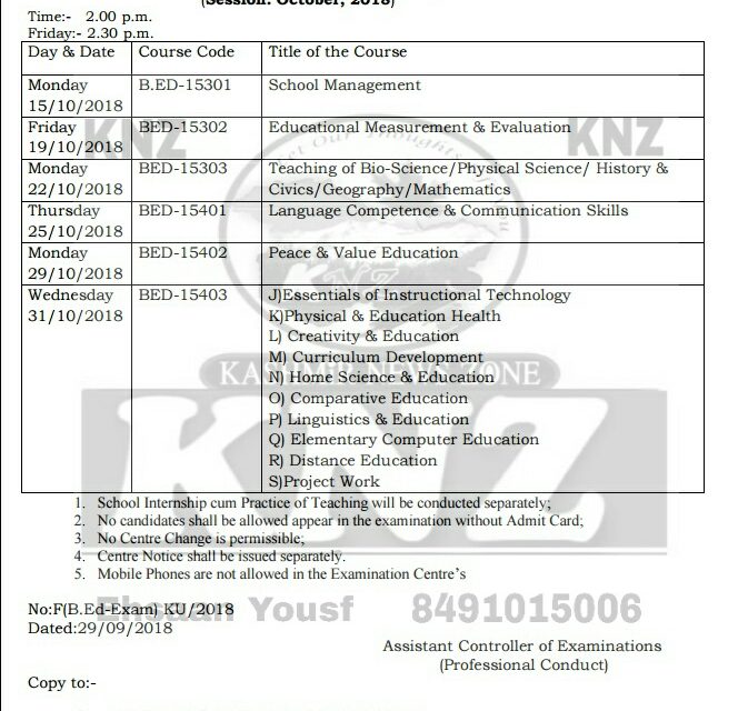 Date Sheet For Two Year B.Ed 3rd & 4th Semester Examination, enrolled through College of Education batch: (2016-2018)