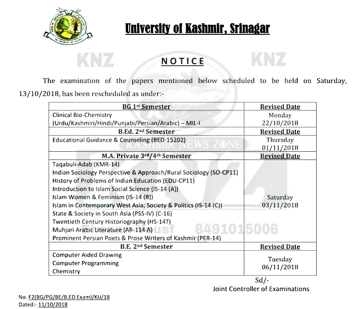 KU: IMPORTANT NOTICE for BG 1st Semester/M.A. Private 3rd/4th Semester/BE 2nd Semester and B.Ed. 2nd Semester students regarding the examination of the papers scheduled to be held on Saturday, 13-10-2018