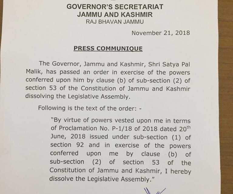 Guv Malik dissolves JK Legislative assembly
