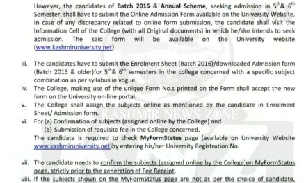 KU: Admission Notification (Under Choice Based Credit System Semester Scheme) for Under-Graduate 5th & 6th Semester of Batch 2016 (REGULAR )