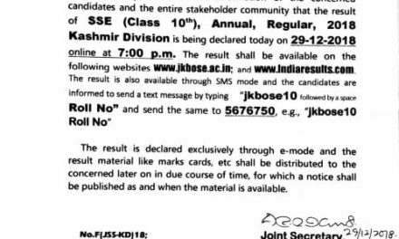 Results of class 10th regular examination of Kashmir division will be declared 8pm tonight.