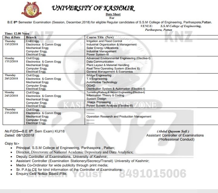 KU: Date Sheet For B.E 8th Semester Examination (Session, December,2018) for eligible Regular candidates of S.S.M College of Engineering, Parihaspora,Pattan.