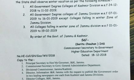 Winter vacations announced for Jammu and Kashmir colleges