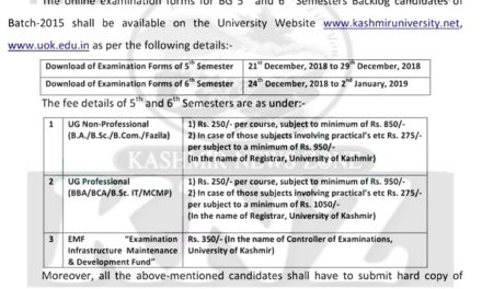 KU: Notice regarding submission of examination forms for B.G 5th & 6th Semester (BACKLOG) candidates – Batch: 2015