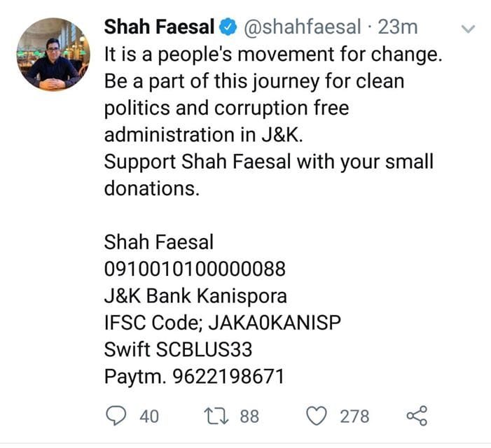 Shah Faesal hints at launching his own party; seeks public donation