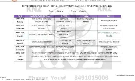 Islamia College of Science and Commerce, Srinagar Date-Sheet for B.G 4th Semester (BACKLOG) Batch 2015