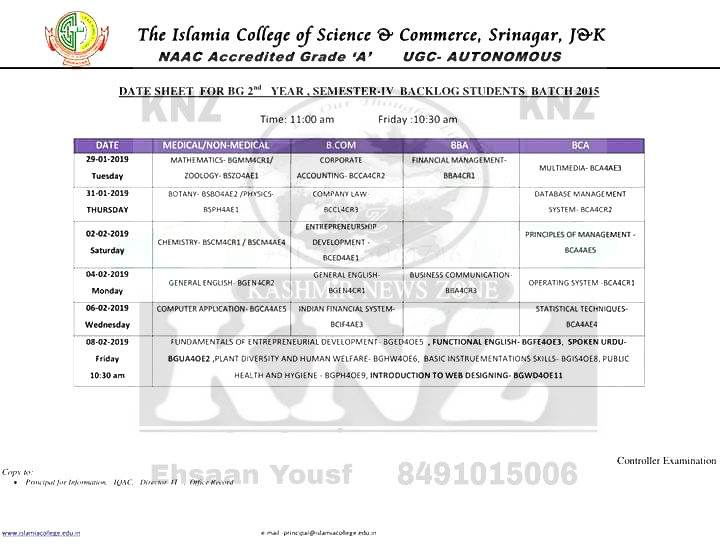 Islamia College of Science and Commerce, Srinagar Date-Sheet for B.G 4th Semester (BACKLOG) Batch 2015