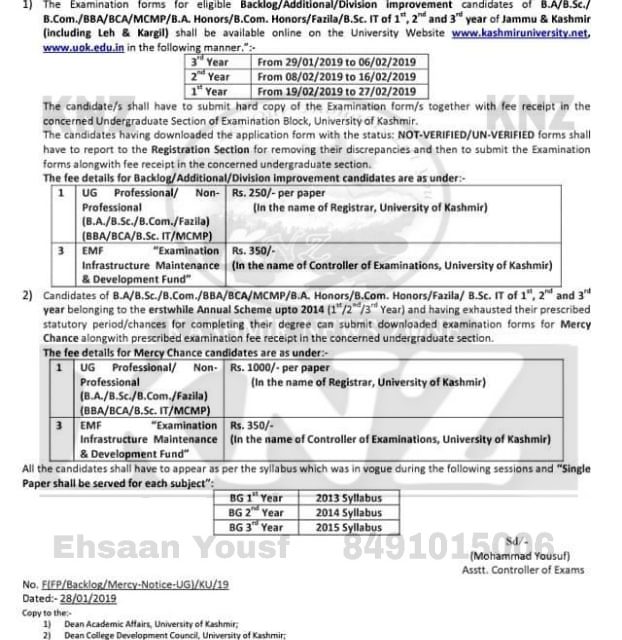 KU: IMPORTANT NOTICE regarding conduct of a Special examination for backlog/Mercy Chance students of the erstwhile Annual scheme