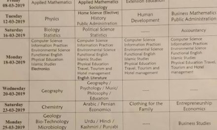 JKBOSE: Date Sheet for Higher Secondary Examination Part-II (12th Class) Bi-Annual Session 2018-2019 of KASHMIR