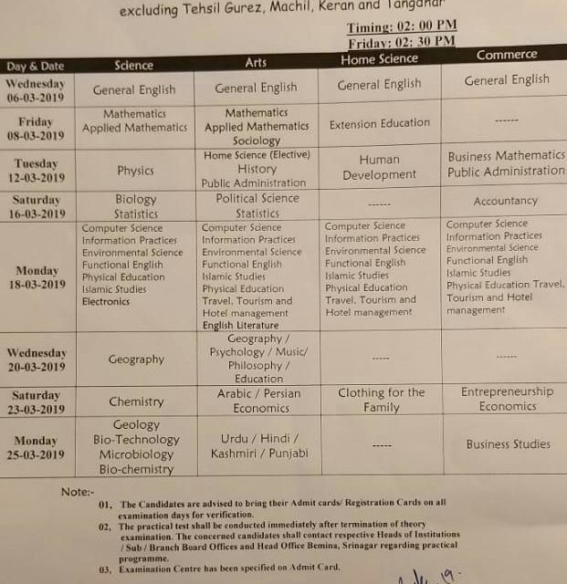 JKBOSE: Date Sheet for Higher Secondary Examination Part-II (12th Class) Bi-Annual Session 2018-2019 of KASHMIR