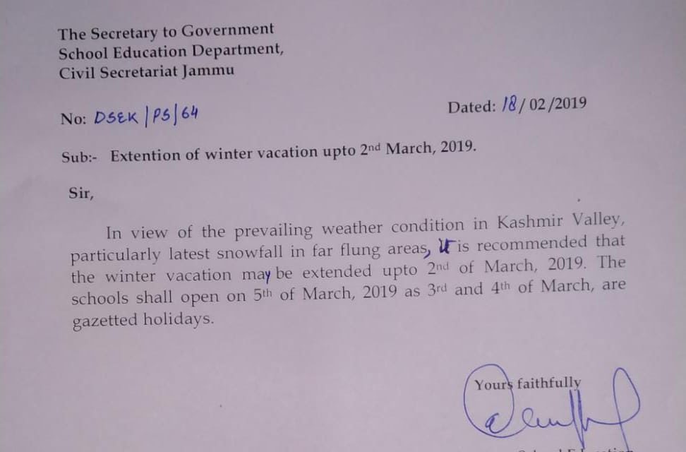 Winter break likely to get extended upto March 5 in Kashmir Schools