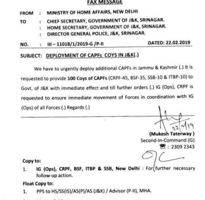 Centre to deploy more paramilitary forces in Kashmir