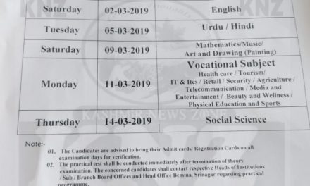 JKBOSE: Datesheet For Class 10th Bi annual session 208-19 of Kashmir Division