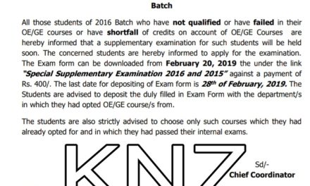 KU: Supplementary Examination for OE/GE Courses for 2016 and 2015 Batch; Dated: 16-2-2019