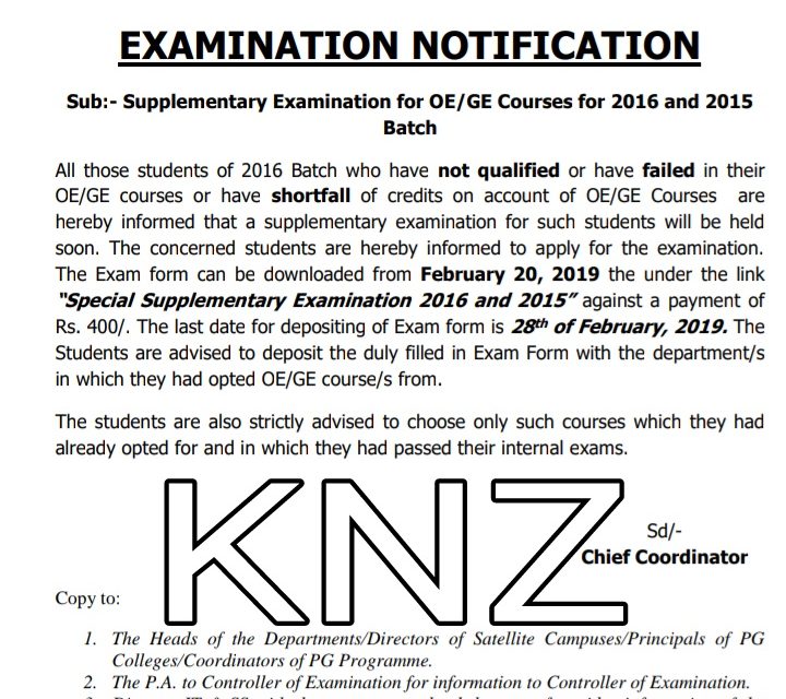 KU: Supplementary Examination for OE/GE Courses for 2016 and 2015 Batch; Dated: 16-2-2019