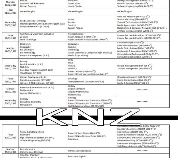 KU: Date Sheet for Backlog candidates of BG 5th & 6th Semester (Session February-March, 2019) for Jammu & Kashmir (Batch 2015)