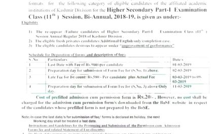 J&K BOSE: Notice regarding submission of examination forms for Class 11th (Bi-Annual 2018-19) of KASHMIR DIVISION