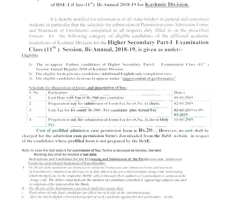 J&K BOSE: Notice regarding submission of examination forms for Class 11th (Bi-Annual 2018-19) of KASHMIR DIVISION