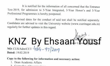 Cluster University Srinagar: Notice regarding postponement of Entrance Test-2019