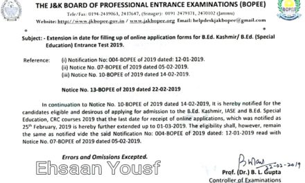 J&K BOPEE: Last date to apply for B.Ed (Kashmir) and B.Ed (Special Education) entrance test extended upto March 01, 2019
